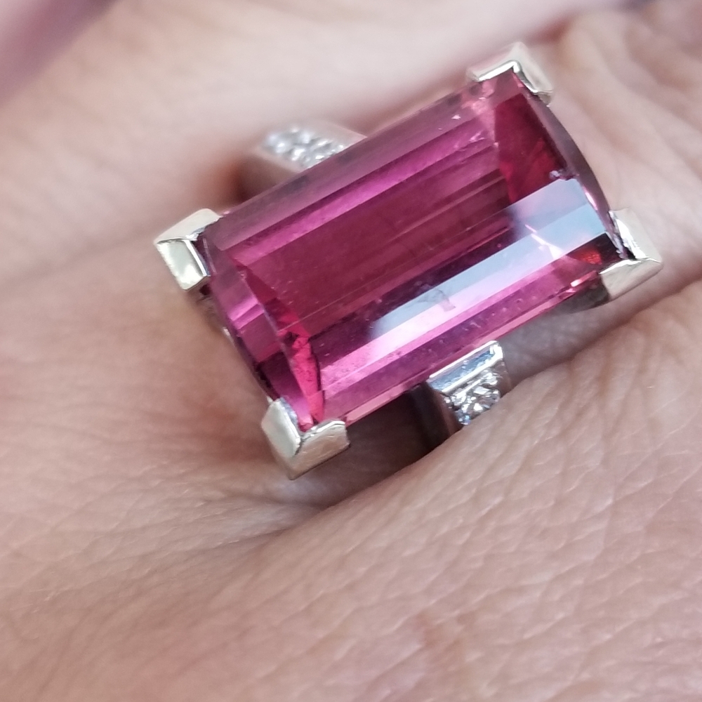Huge 17ctw custom-made Russian tourmaline raspberry diamond 14k  White Gold ring